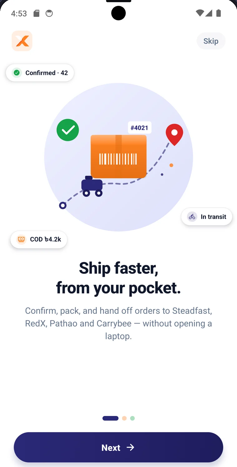 SeloraX Commerce app: ship orders with Steadfast, RedX, Pathao and Carrybee