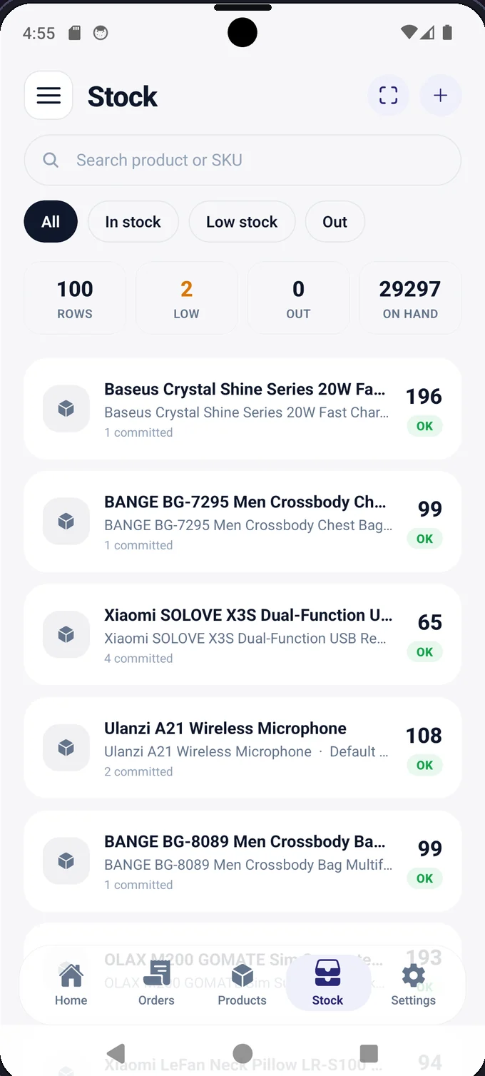 SeloraX Commerce app: stock list with on-hand and low-stock counts